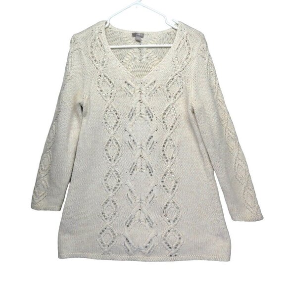 J Jill Cable Knit Sweater Chunky Knit‎ Tunic Size S Petite Sequin Cotton/Wool - Picture 1 of 9